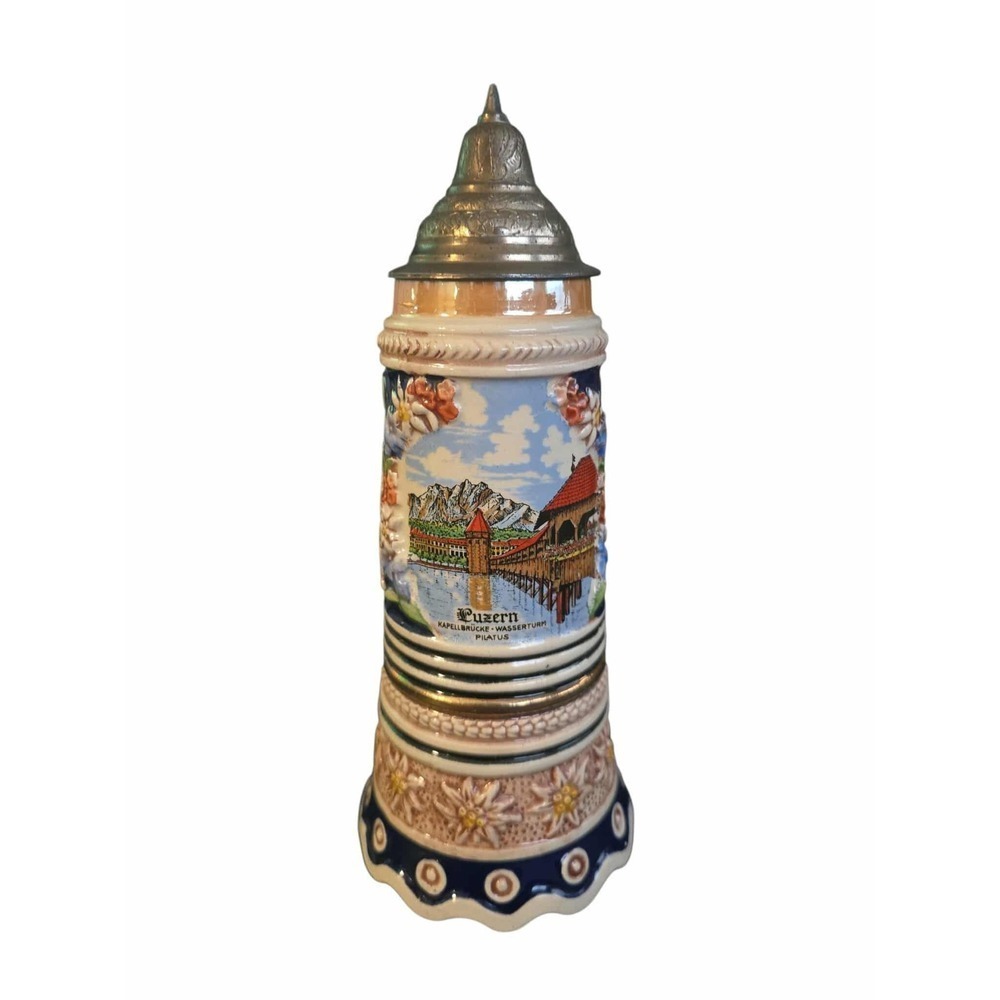 Reuge Edelweiss Swiss Musical Beer Stein Lucerne Kapellbrucke Vintage‎